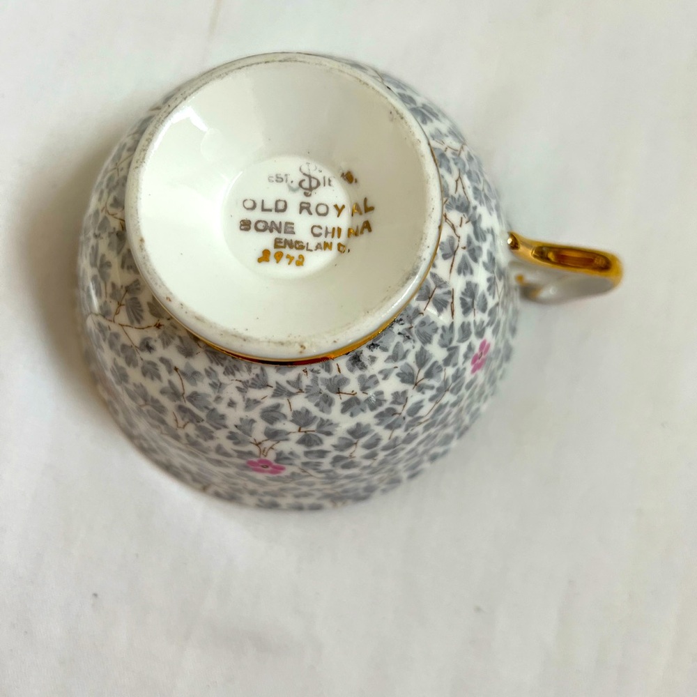 Old Royal Tea Cup and Saucer Gray Pink Chintz Blossom Bone China England #2972 - Picture 6 of 10